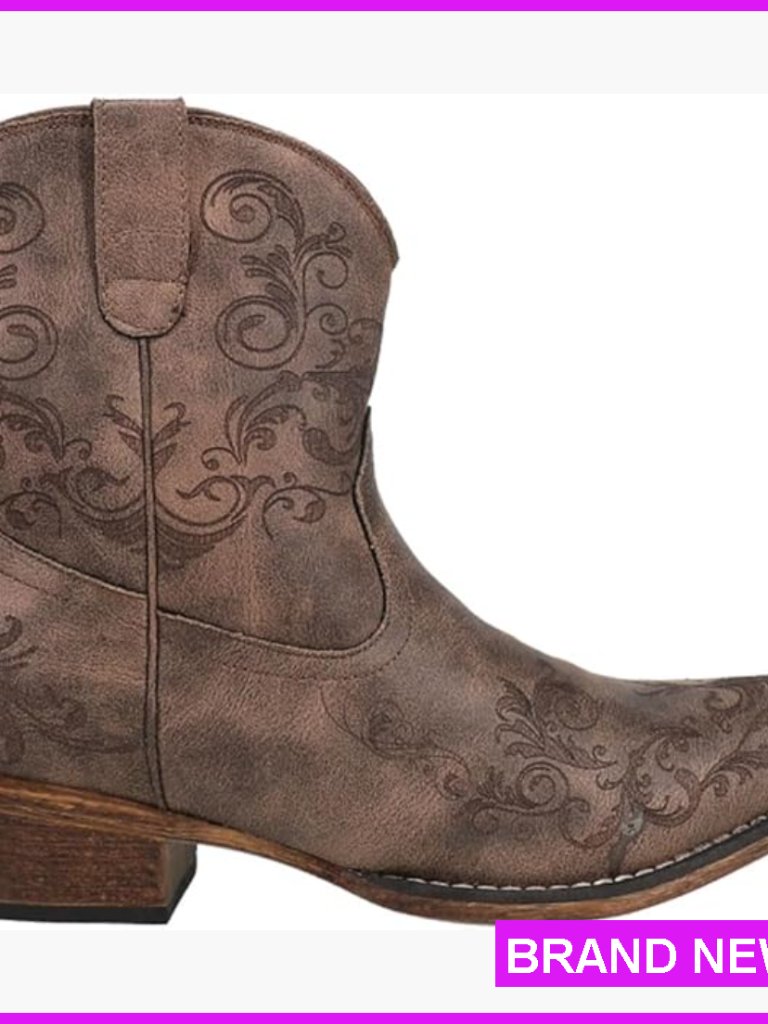 Western Snip Toe Ankle Boots Casual Low Heel Embroidery Faux Leather Pull On